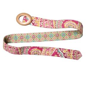 Vera Bradley Pink Floral Fabric Belt Size Medium Wooden Buckle Yellow Green